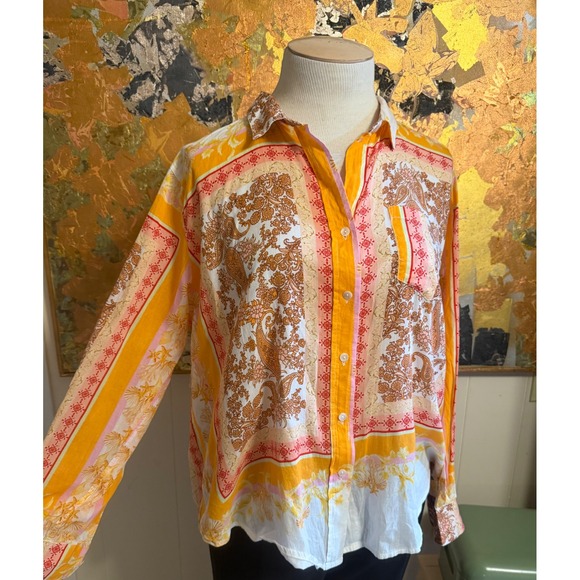 Calypso St. Barth Tops - Calypso St. Barth Tropical Cotton Paisley & Shell Print Long Sleeve Blouse XL